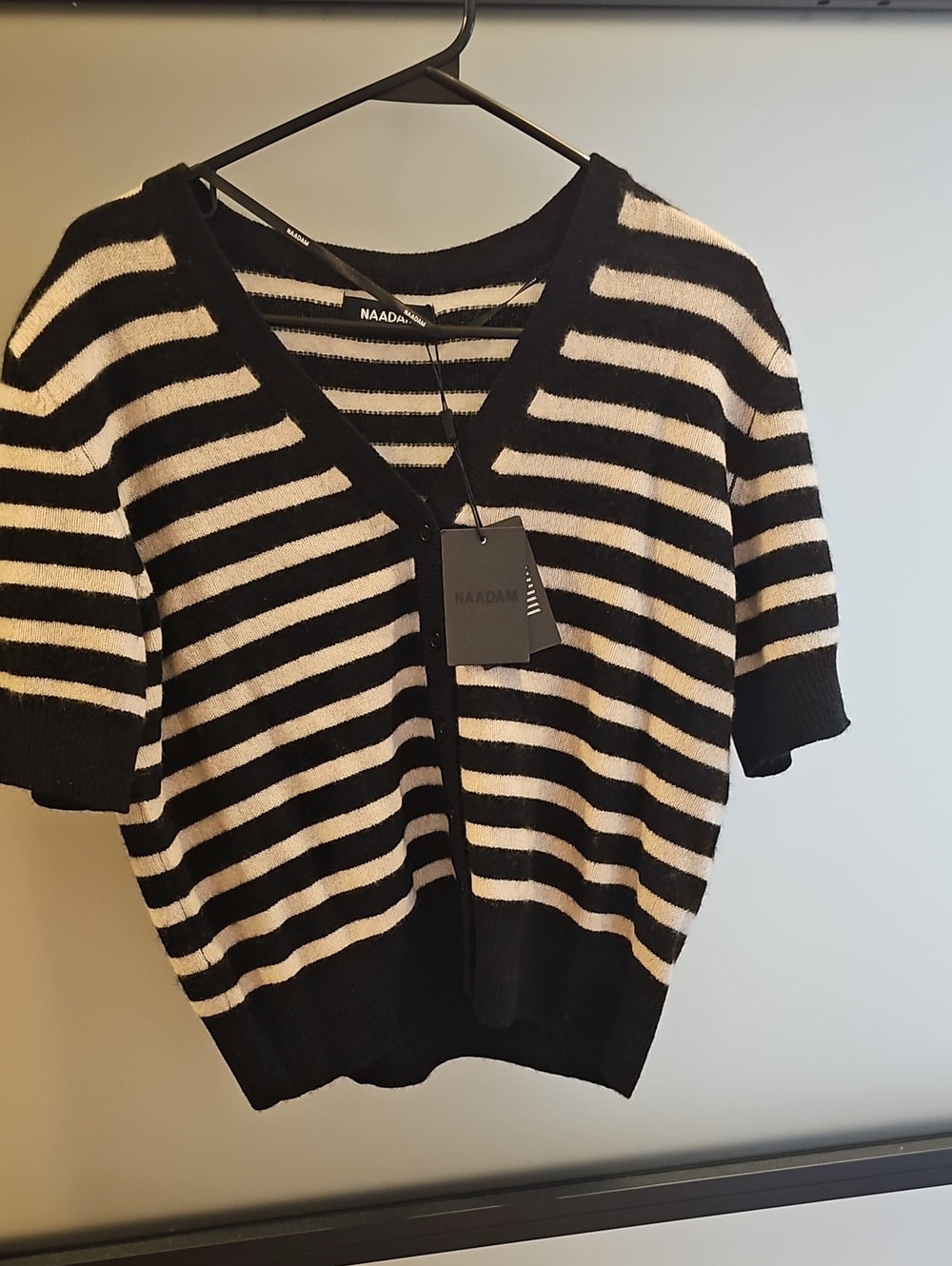 NAADAM NWT Cashmere Black and Cream Striped V-Neck Short Sleeve Cardigan